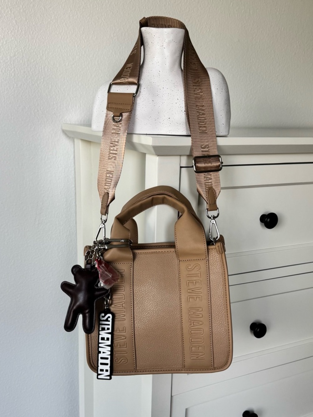 Steve Madden BWebber Latte/Tan Crossbody Satchel with Charms & Silver Hardware